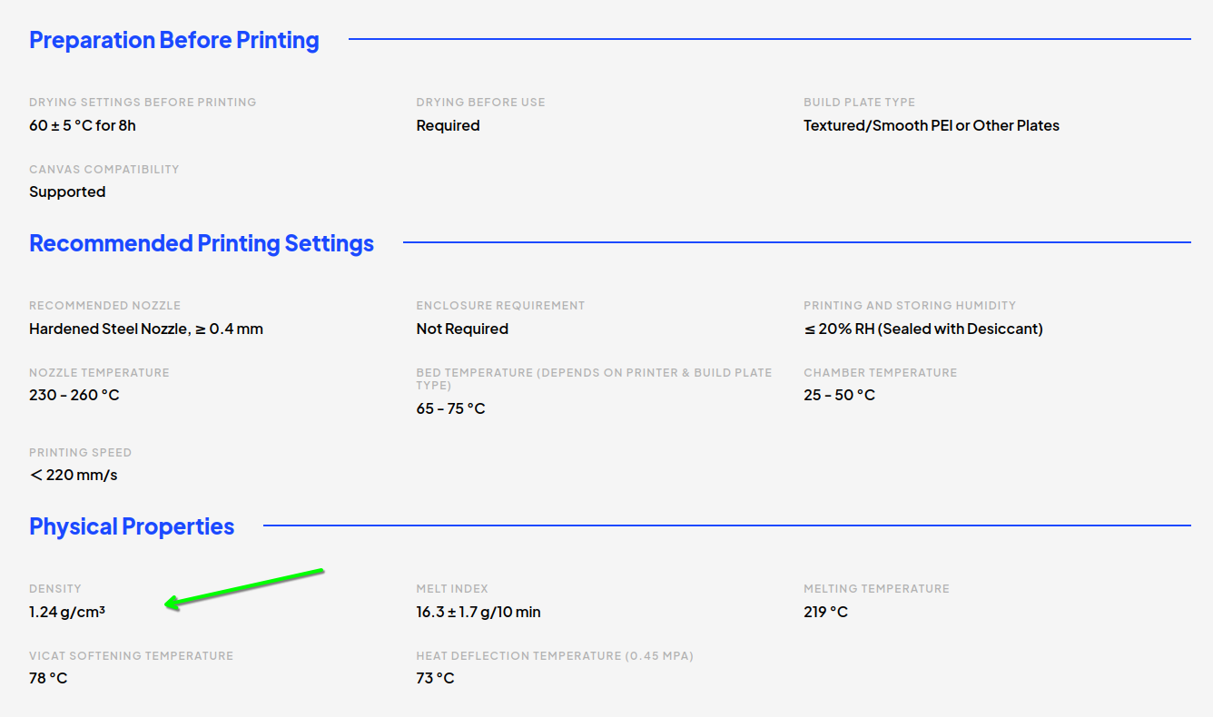 A web page giving different information on a filament, like printing temperature or density