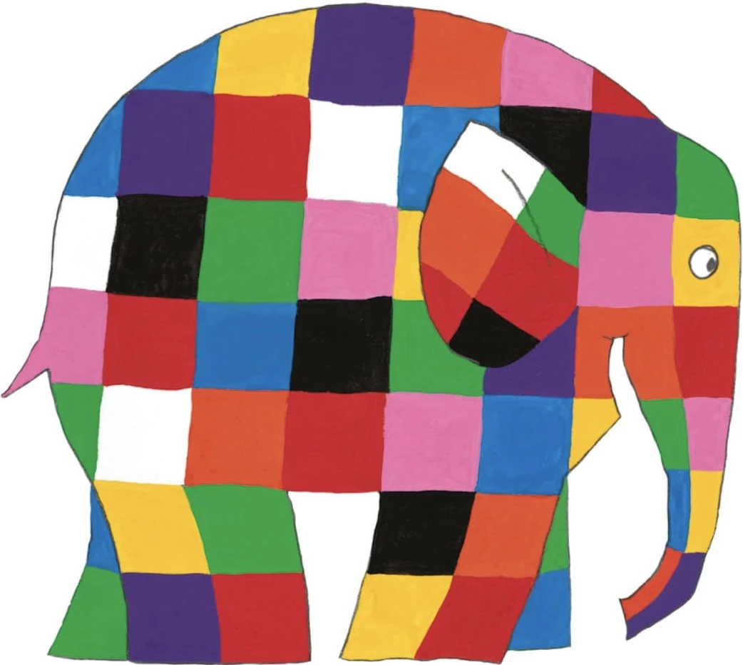 Elmer l'éléphant, de profil.
