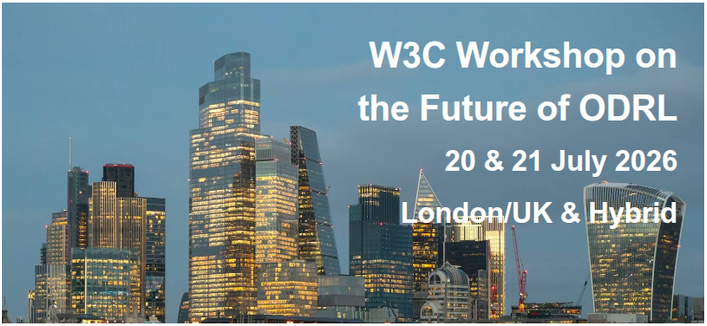 A screenshot of the banner of the Workshop page saying: W3C Workshop on the Future of ODRL 20 &21 July 2026 London UK & Hybrid. In the background a photo of the City of London with skyscrapers. 