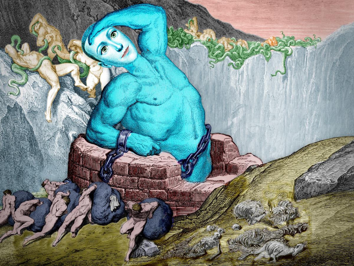 A titan, chained and sunk to the waist in a stone-lined pit. He has the head of Mark Zuckerberg's Metaverse avatar. A group of Sisyphean men roll boulders towards him, up a skeleton-strewn hillside. Behind him, atop a high cliff, writhe many naked figures entwined with choking serpents.