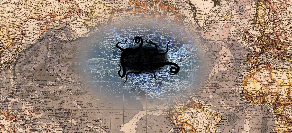 A vintage world map. The US has been obscured by a roiling black cloud from which squirm many questing tentacles. A large area around the US has been discolored. A vintage world map. The US has been obscured by a roiling black cloud from which squirm many questing tentacles. A large area around the US has been discolored.