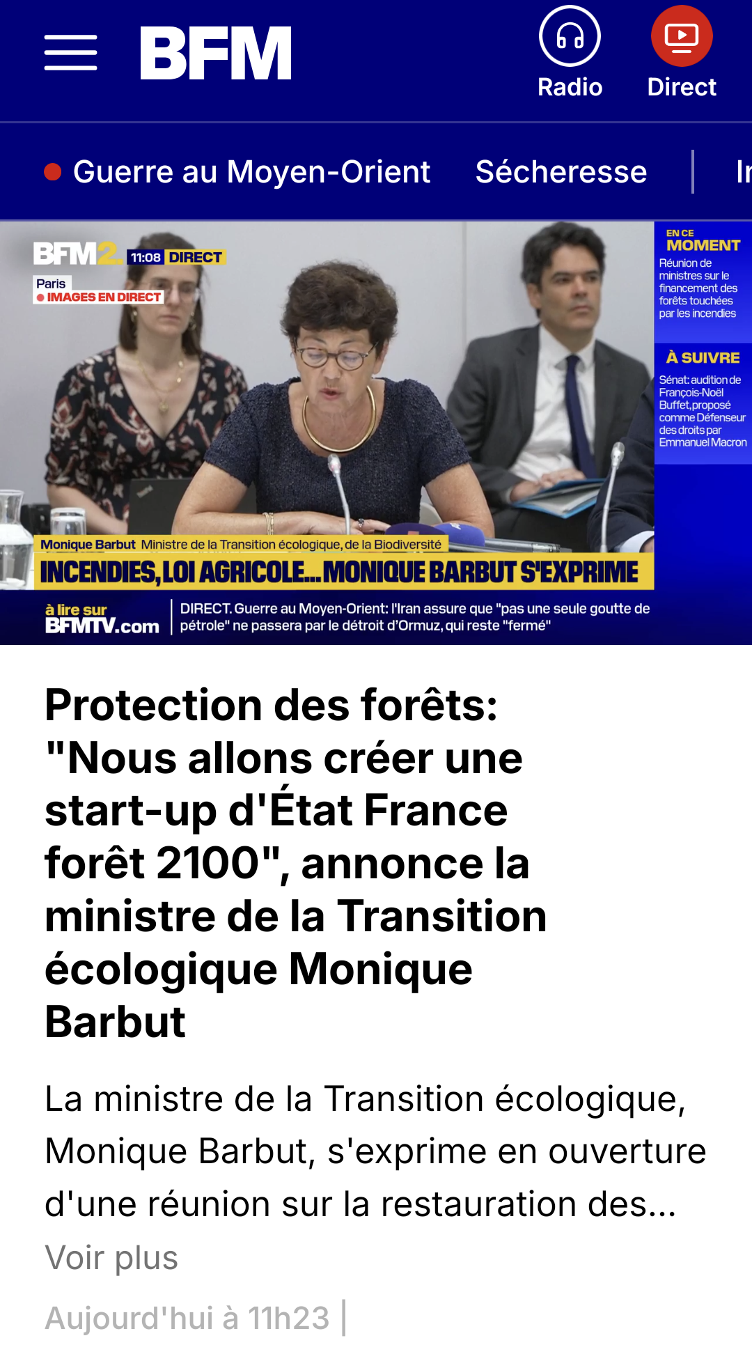 capture d'écran

Protection des forêts: "Nous allons créer une start-up d'État France forêt 2100", annonce la ministre de la Transition écologique Monique Barbut