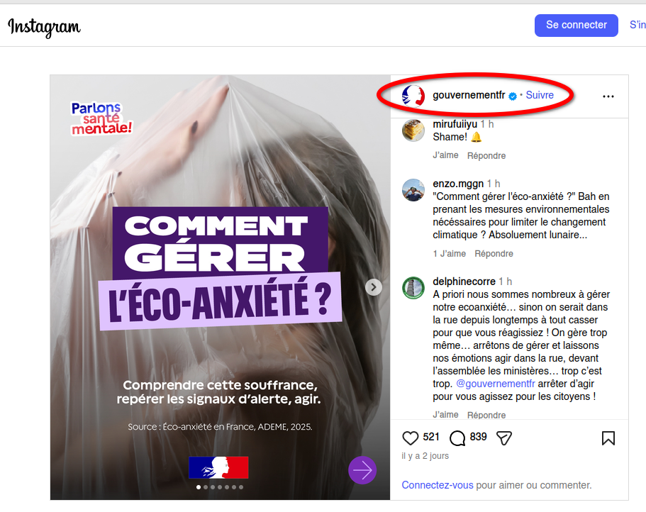 Capture d'écran d'un post du Gouvernement sur Instagram : « Comment gérer l'éco-anxiété ».
Ce post a suscité un torrent de commentaires négatifs.