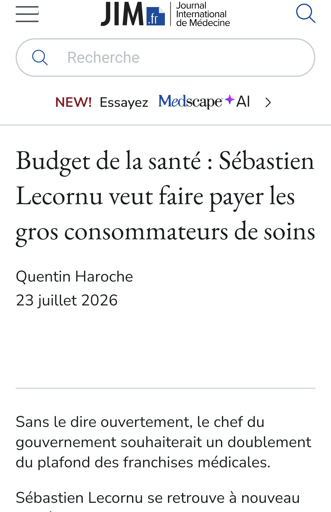 capture d'écran actu

Budget de la santé : Sébastien Lecornu veut faire payer les gros consommateurs de soins