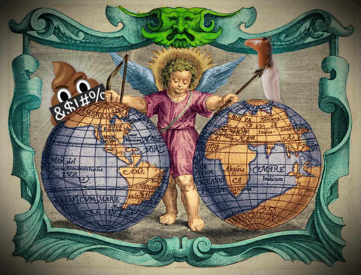 A bow-wielding cherub standing amidst two antique globes. From behind one looms the poop emoji from the cover of Enshittification, mouth covered in a grawlix-scrawled black bar; from behind the other looms the reverse centaur from the cover of The Reverse <br />Centaur's Guide to Life After AI. A bow-wielding cherub standing amidst two antique globes. From behind one looms the poop emoji from the cover of Enshittification, mouth covered in a grawlix-scrawled black bar; from behind the other looms the reverse centaur from the cover of The Reverse <br />Centaur's Guide to Life After AI.