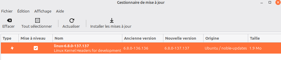 screenshot du gestionnaire de mise à jour de Linux Mint