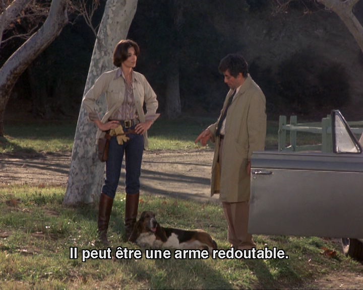 Columbo pointe son chien (basset hound) étalé par terre
le sous-titre dit "il peut être une arme redoutable"
