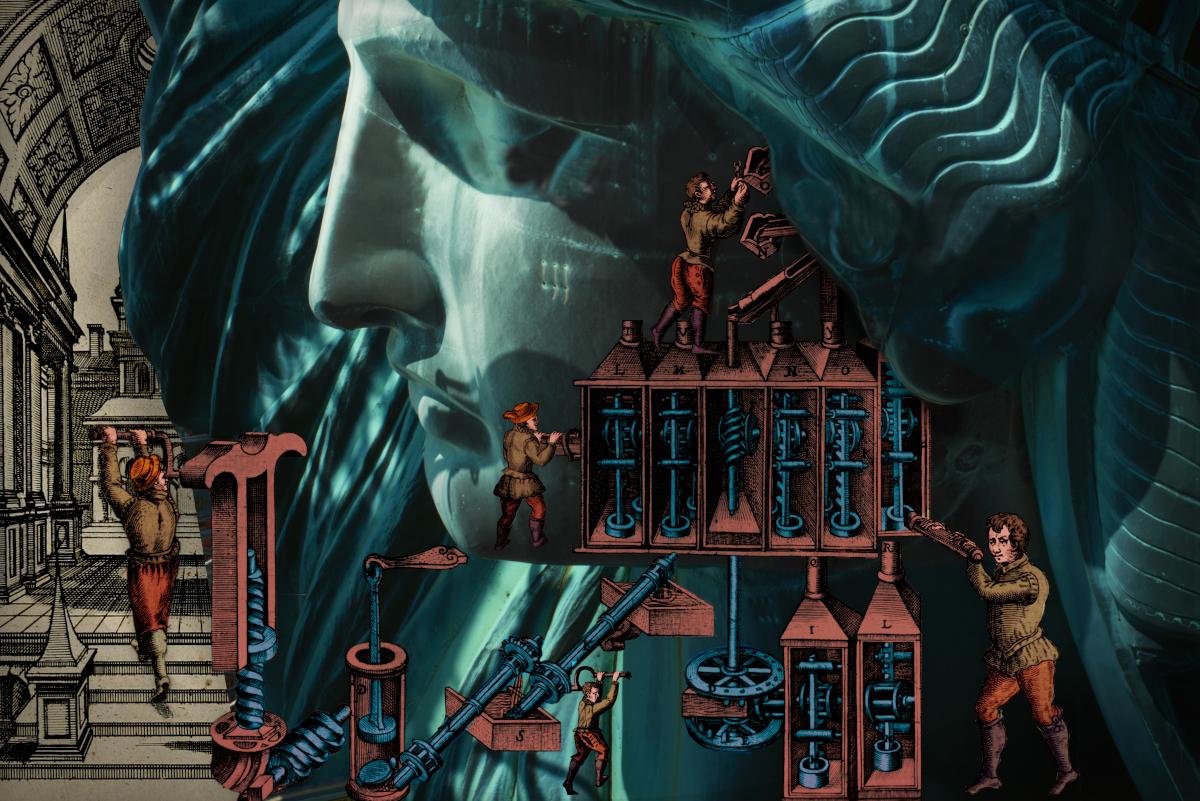 The giant head of the Statue of Liberty. Around it are many medieval machines, tended by little medieval rude mechanicals. In the background is a crosshatched architectural drawing of some classical arches and such.