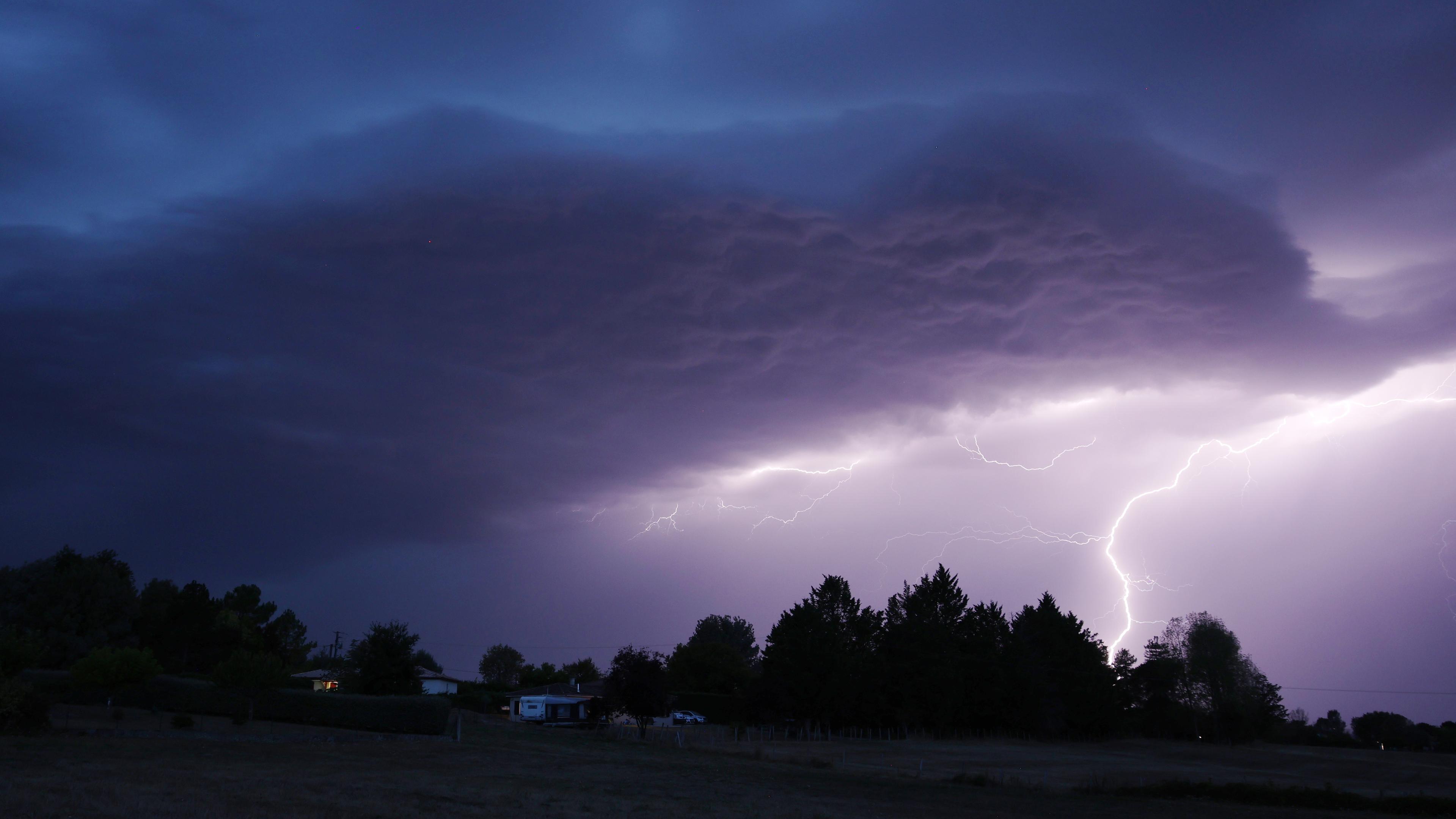 thunderstorm, lightning, clouds, by night