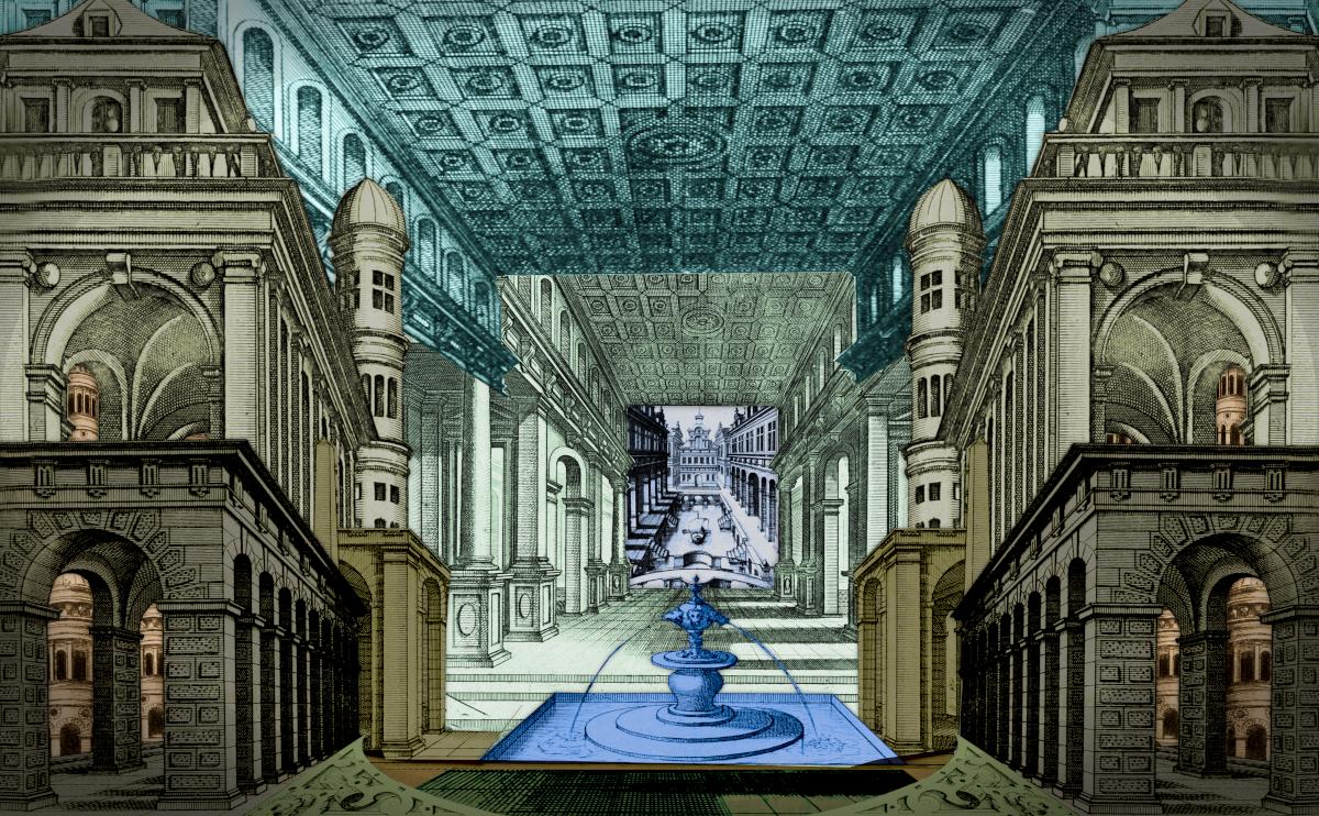 A collage made of architectural features from 'Variae Architecturae Formae' (1636), a collection of engravings. The architectural arches, buildings, fountains, etc, are layered atop each other and placed around each other to create an infinite, <br />recombinant built environment. A collage made of architectural features from 'Variae Architecturae Formae' (1636), a collection of engravings. The architectural arches, buildings, fountains, etc, are layered atop each other and placed around each other to create an infinite, <br />recombinant built environment.